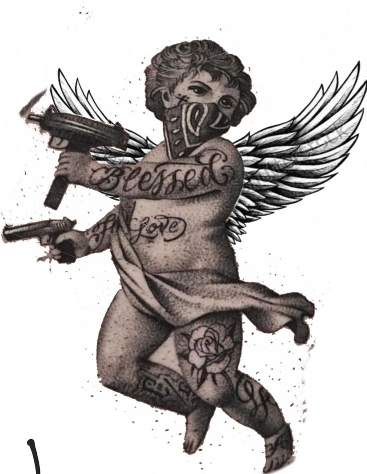 Angel Gunslinger Tattoo, Cupid With Ak Tattoo, Gangsta Angel Tattoo, Angel With Ak Tattoo, Cupid Tattoo, Chicano Tattoos Sleeve, Cherub Tattoo, Knight Tattoo, Crown Tattoo Design