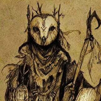 a drawing of an owl holding a knife and wearing a horned headdress with horns