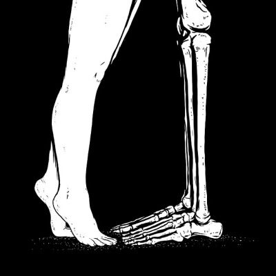 a black and white image of a human foot with the bones visible in it's lower half