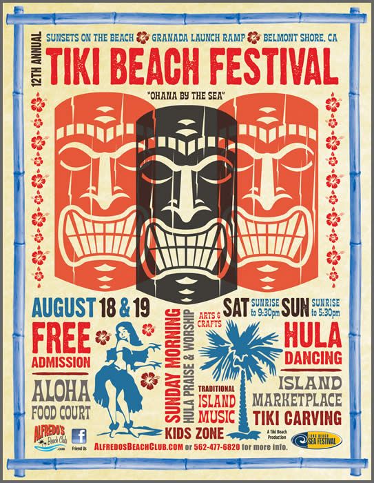 a poster for the tiki beach festival with an image of two masks on it