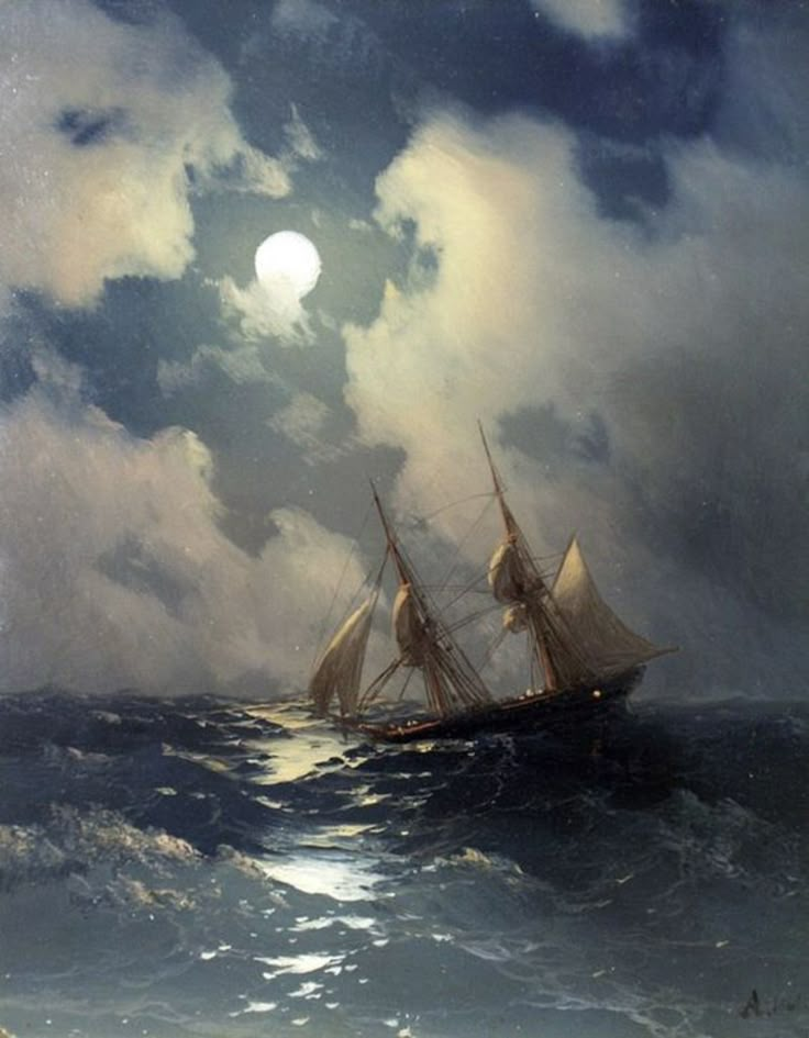 a painting of two ships in rough seas under a full moonlit sky with clouds