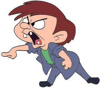 a cartoon character with an angry look on his face and hands, pointing at something