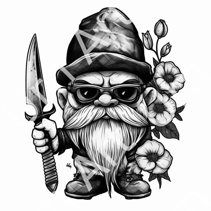 a drawing of an old man with a knife and flowers on his head, holding a knife