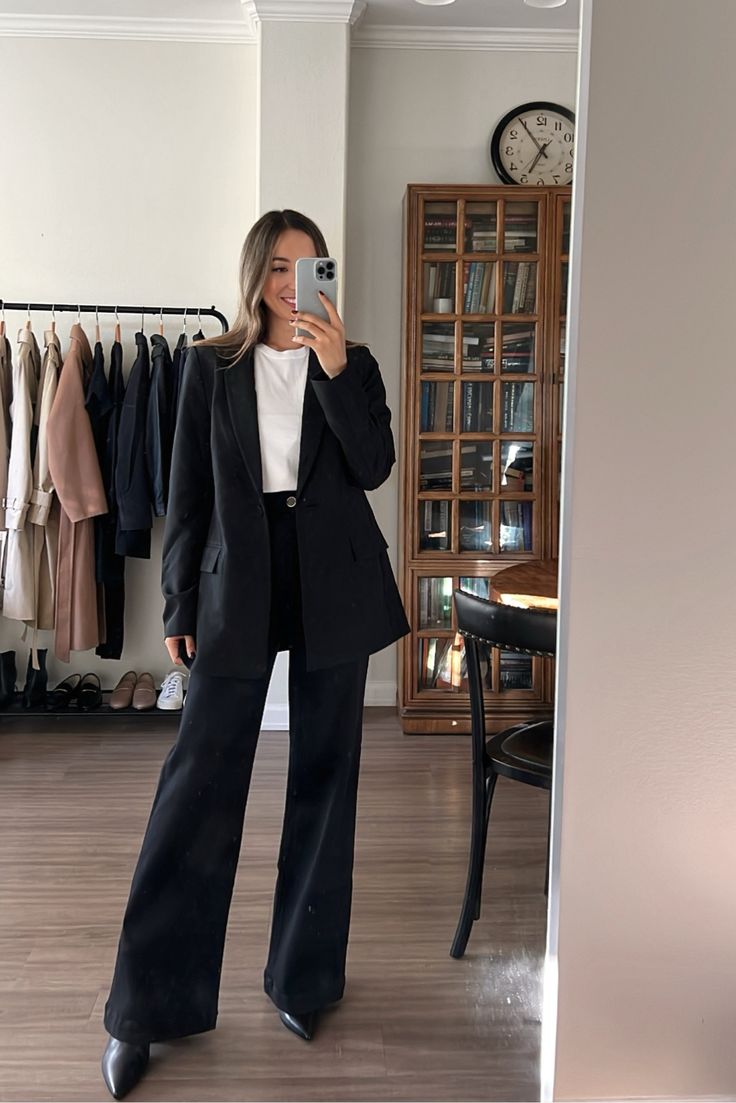 Chic Business Professional Outfits, Flare Slacks Outfit Business Casual, Black Office Attire, Black Blazer Professional Outfit, Corporate Attire Women Black, Business Formal For Women, Black Formal Attire Women, Formal Slacks Outfit Classy, Navy Pantsuit Women