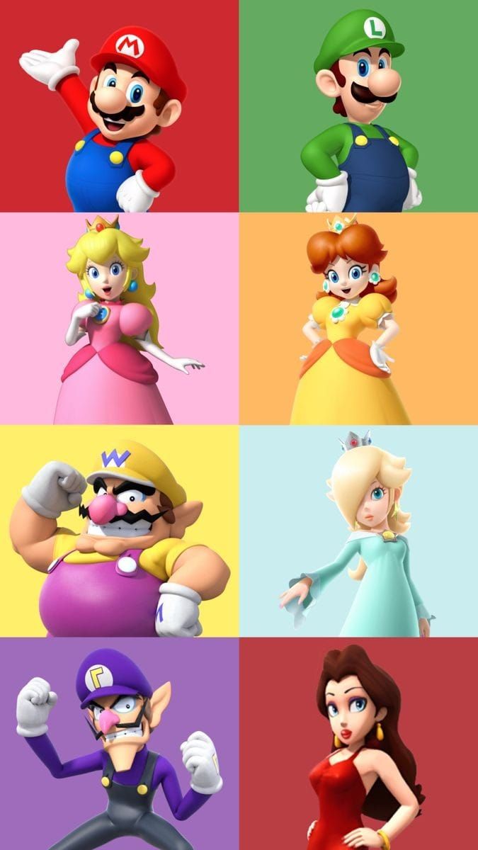 mario and luigi are all different colors in the same image, each with their own character