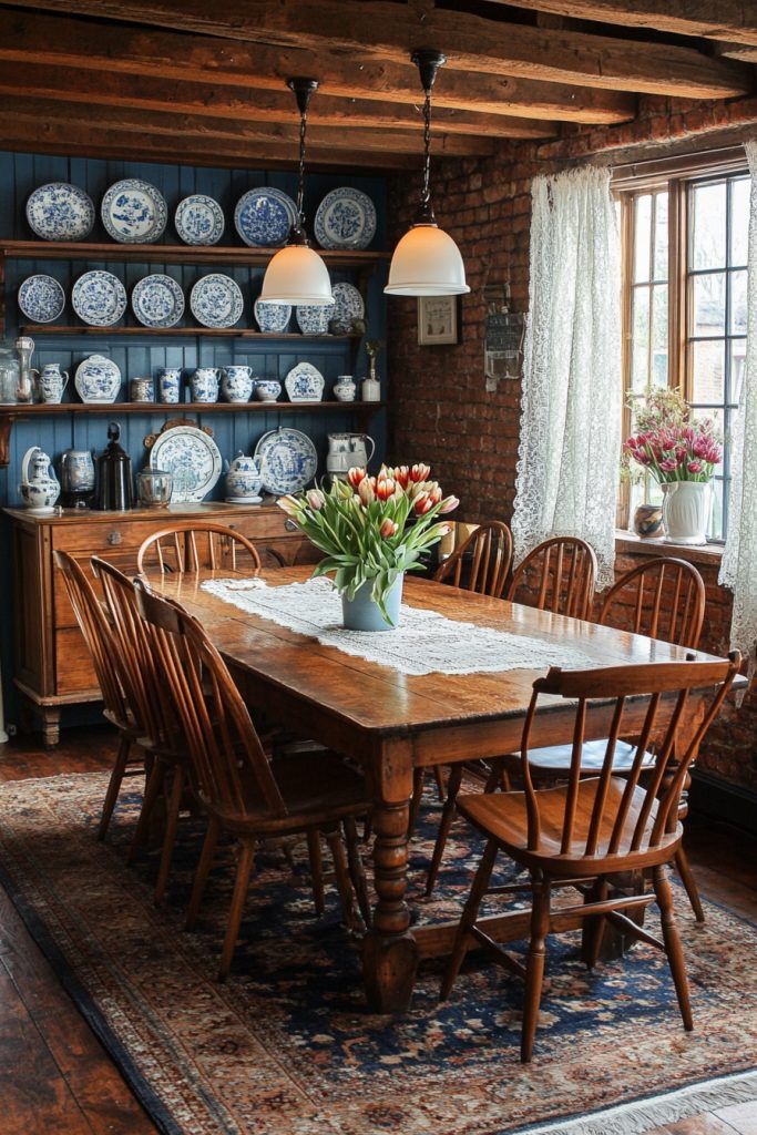 a dining room table and chairs with plates on the wall behind it, in front of a window