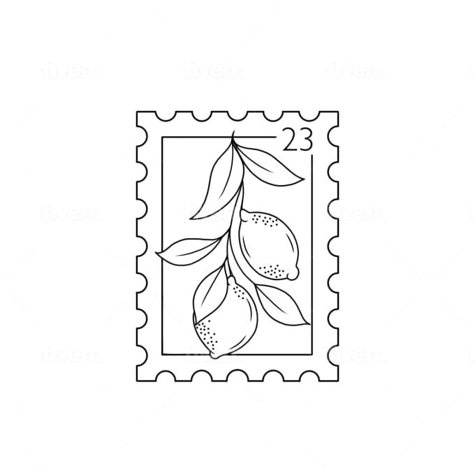 a stamp with an image of lemons and leaves on the front, in black and white