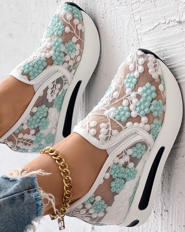 Floral Embroidery Sheer Mesh Sneakers Embroidery Sneakers, Evening Heels, Patchwork Fashion, Mens Bags Fashion, Perfect Sneakers, Comfy Flats, Sneakers Patterns, Chic Type, Mesh Sneakers