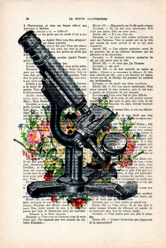 an old book page with a microscope on it