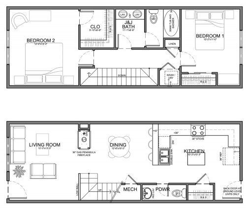 two floor plans showing the living room and bedroom areas