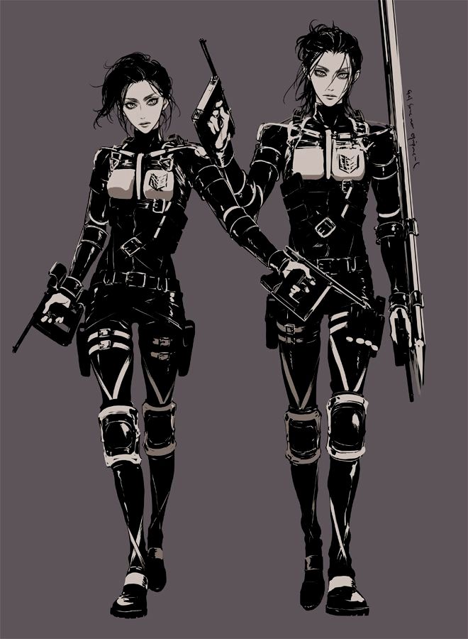 two women in black and white outfits holding swords, one with her arm around the other's shoulder