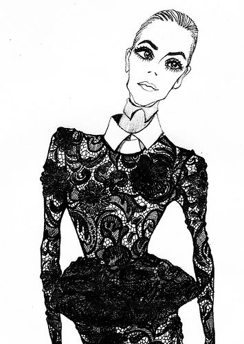 a black and white drawing of a woman wearing a dress with an intricate lace pattern