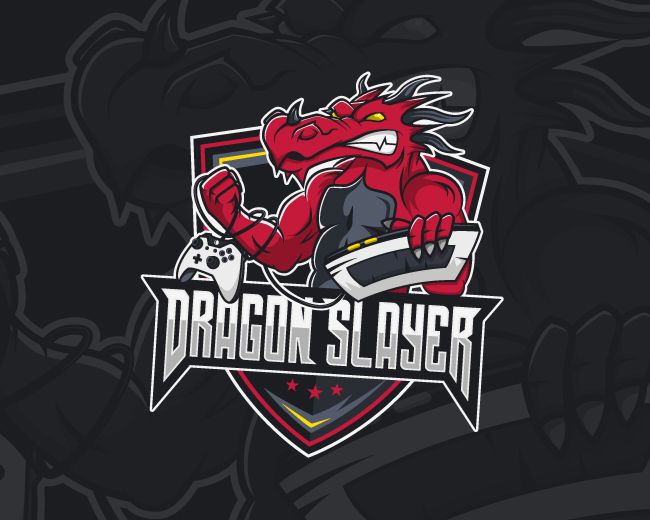 the dragon slayer logo on a dark background