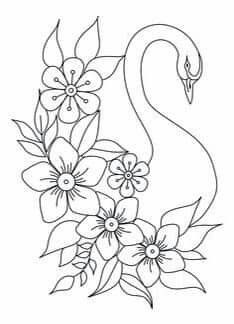 a black and white drawing of a flamingo with flowers