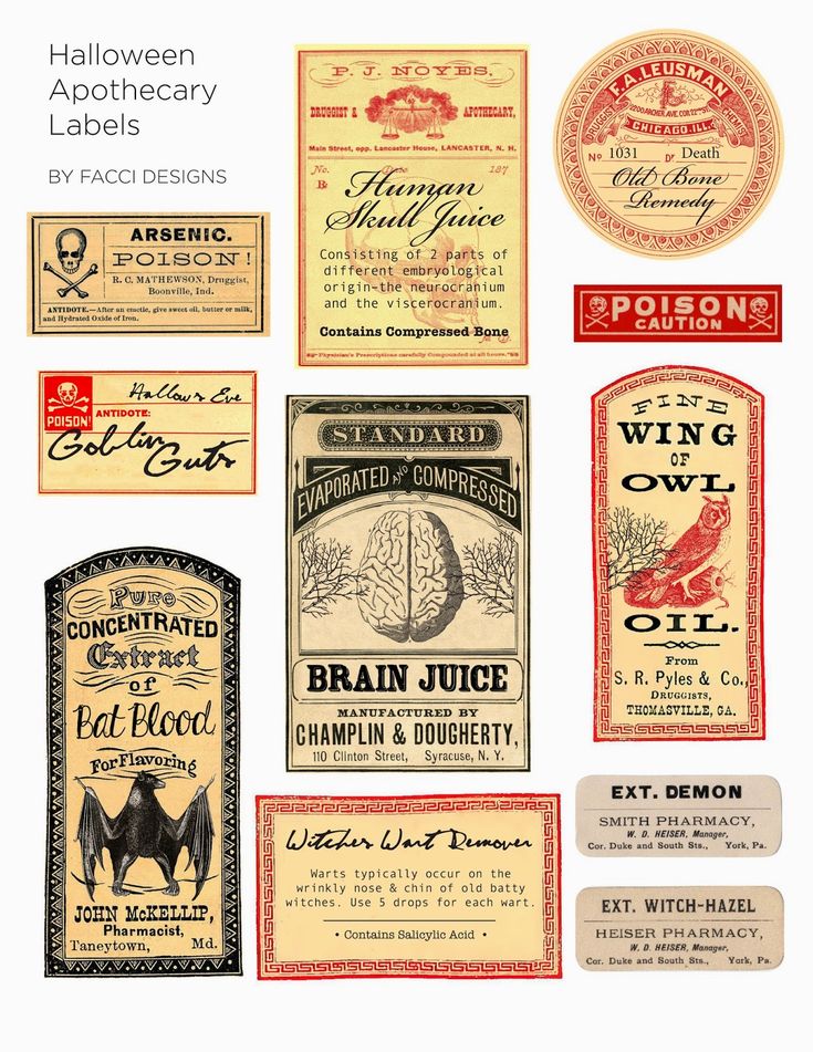 several different types of wine labels on a white background with the words, halloween apothecary labels