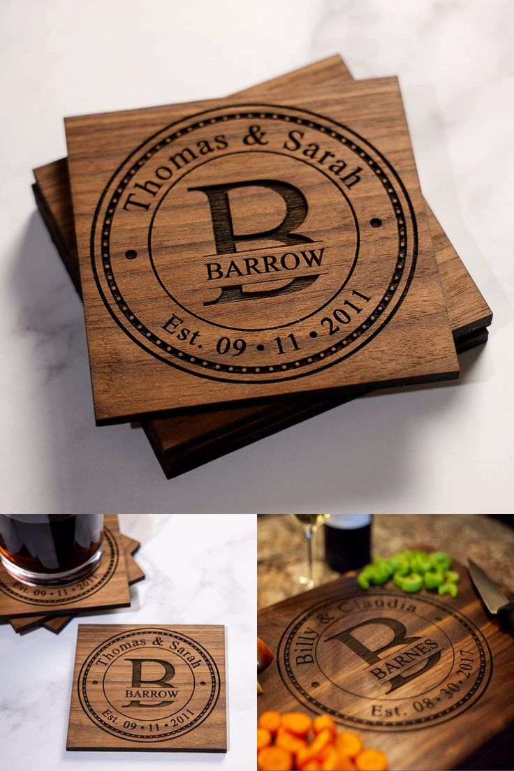 personalized wooden coasters with monogrammed logos on them