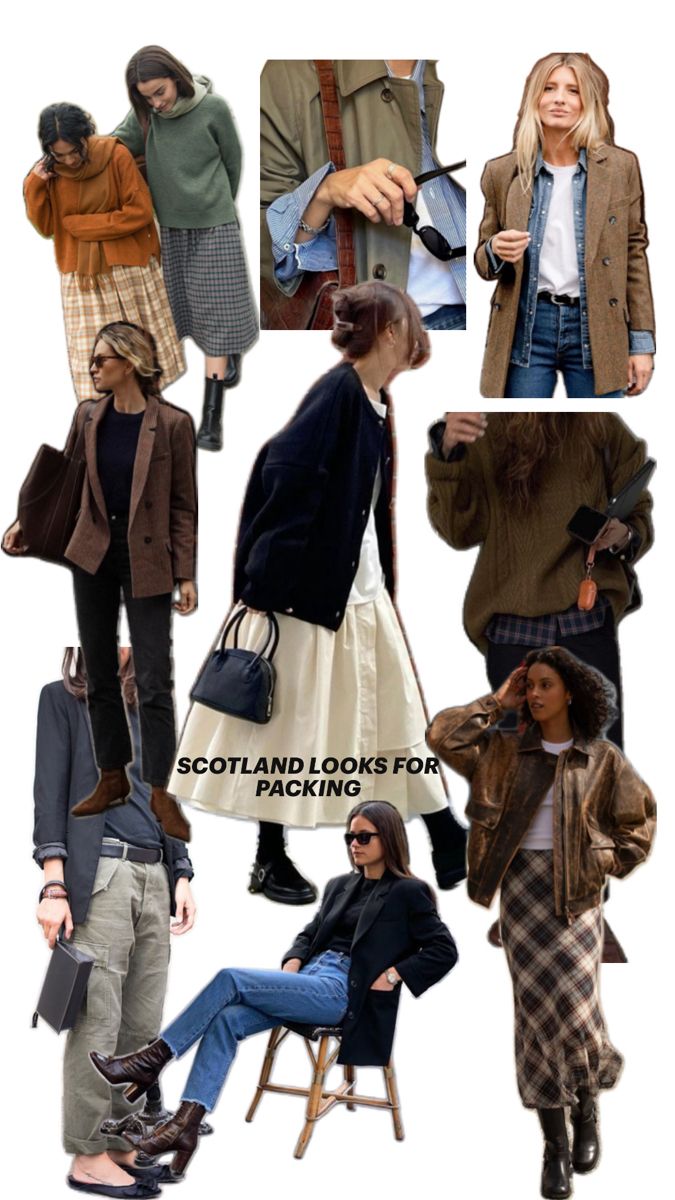 Scotland looks for packing Autumn Scotland Outfit, New Hampshire Aesthetic Outfits, Trip To Scotland Outfits, Edinburgh Trip Outfits, Edinburgh Autumn Outfit, Scotland Fashion Spring, Scotland Style Fashion, Irish Fall Outfits, Edinburgh Scotland Fashion