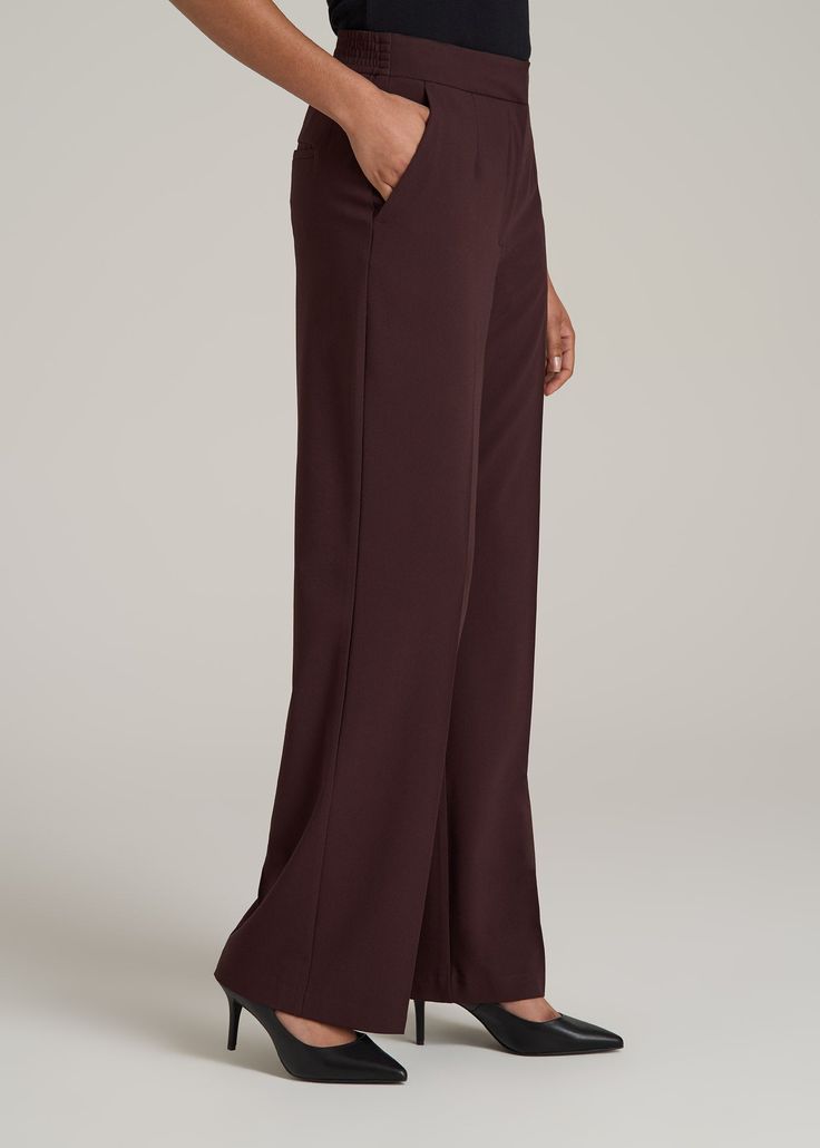 About Our Flat Front Wide Leg Dress Pants for Tall Women Ultra-flattering and easy to wear, these women's tall dress pants are a closet essential. They feature a smooth front with a contoured waistband for a complimentary finish. Pleated accents at the front and back elongate your legs and make them easy to wear from the desk to dinner. Built with a stretch-infused polyester-viscose blend, these pants for tall women offer the sleek feel of a suit with the comfort of a lounge pant. An elastic at Pants For Tall Women, Long Knife, Pleated Dress Pants, Scrubs Dress, Athleisure Summer, Cozy Sleepwear, Tall Dress, Tall Dresses, Wide Leg Dress Pants