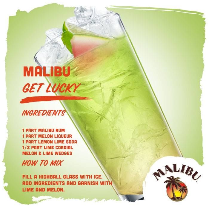 an advertisement for malbu get lucky, featuring a green drink with ice and lime