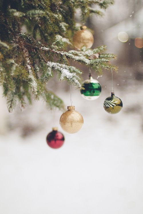 christmas ornaments hanging from a tree in the snow