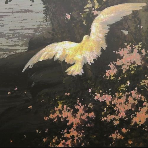 a painting of a white bird flying over water and trees with pink flowers in the foreground