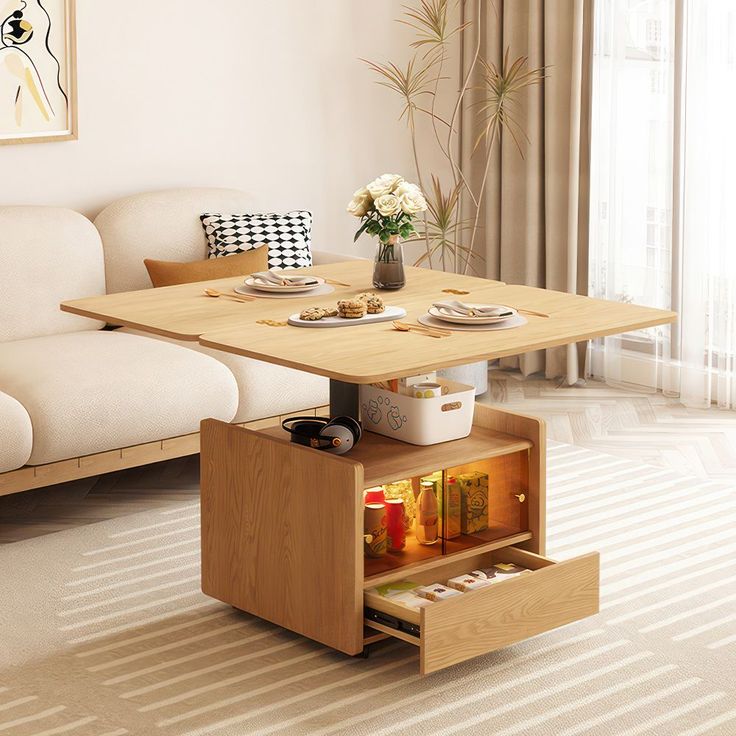 a living room with a couch, table and coffee table in the middle of it