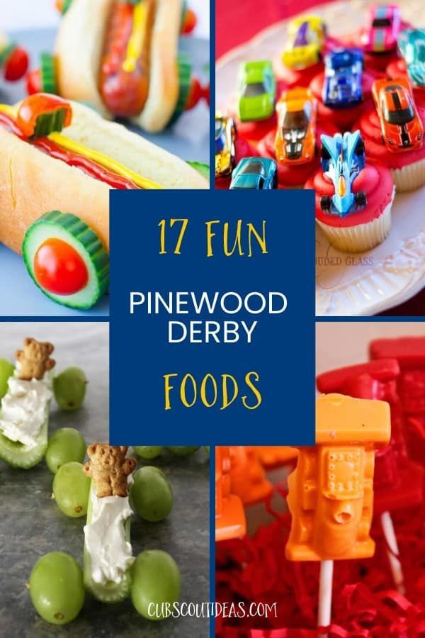 some food that is on top of a plate and in front of the words 17 fun pinewood derby foods