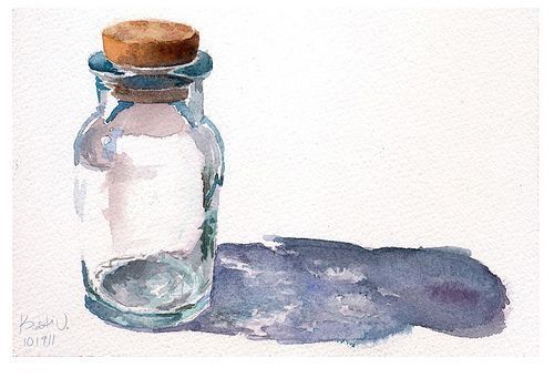 a watercolor painting of a glass bottle with a cork lid