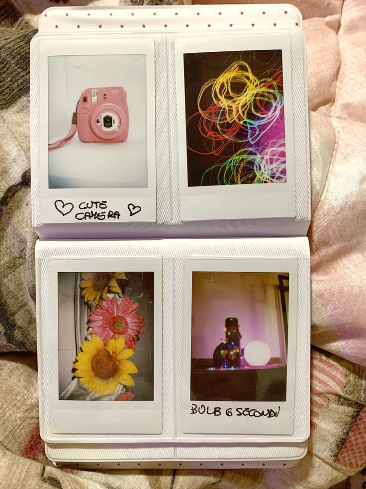 two polaroid frames with pictures of flowers and a teddy bear on the bottom one