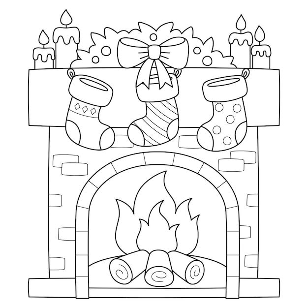 a fireplace with stockings and candles on it in the christmas coloring page for adults to color