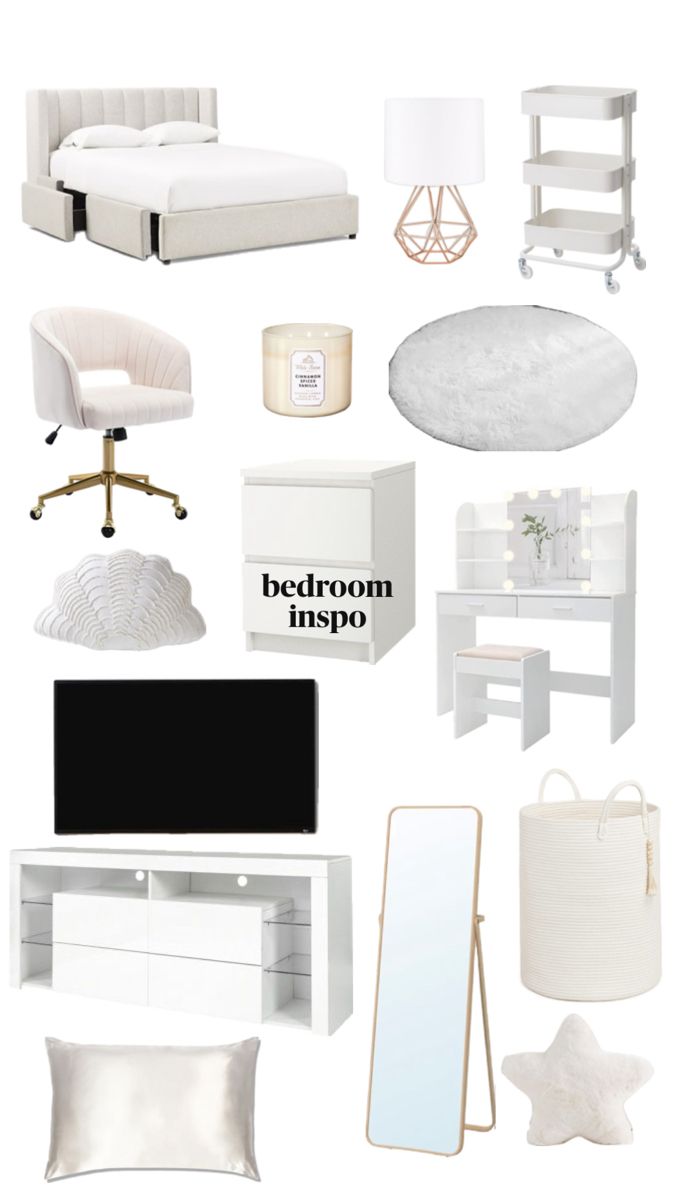 white furniture and accessories are arranged in the shape of a collage with text that reads bedroom inspo