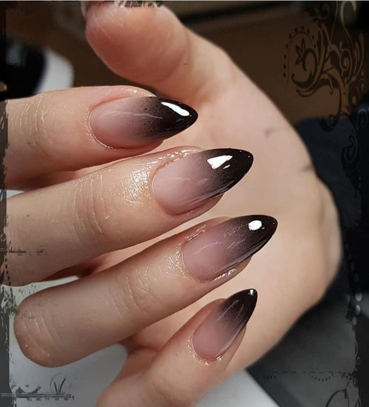 Warning: These nail art ideas may cause extreme jealousy and an overwhelming desire to promptly schedule your next appointment at the salon! So, if you’re not prepared to have the most enviable nails in town, it may be best to turn back now. . ..  . Black Gradient Almond Nails, Almond Shape October Nails, Reverse Black Ombre Nails, Black Ombre Almond Shaped Nails, Dark Ombre Nails Almond, Black Simple Nails Almond, Dark Green Gradient Nails, Gothic Dip Powder Nails, Sharp Halloween Nails