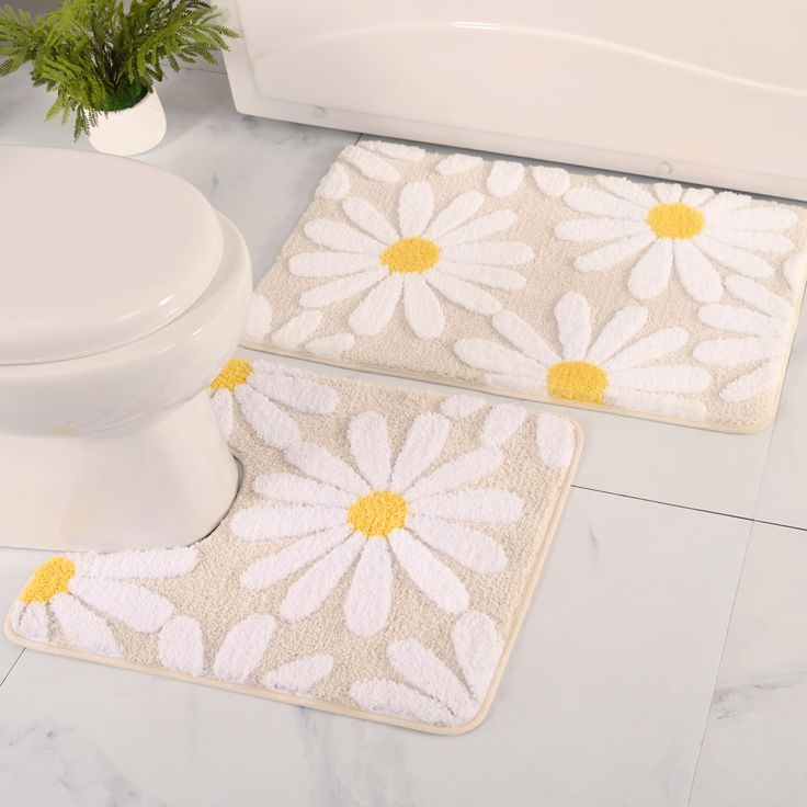 PRICES MAY VARY. Soft and Cozy: The beige bathroom rug set is made of premium microfiber, tufting effect is obvious. The bathroom mat is 1.1 inches thick and has closely packed fluffs, making it very soft and comfortable to step on, ensuring a good experience during use. Cute Daisy and 3D Design: The beige bathroom set is brightly colored, and has long-lasting color retention. Cute Daisy Design and bright colors, make the beige bath mat set look very conspicuous, decorating the bathroom is a good choice, making the bathroom look more fashionable and novel. Non Slip Backing: Rectangular bath rug and contour bath rug for toilet are backed with TPR, have good non-slip properties, strong and durable, and can be used with confidence. Note, please make sure the floor is dry before laying the flo Pink Bathroom Rugs, Decorating The Bathroom, Bathroom Floor Mats, Pink Toilet, Non Slip Bathroom Flooring, Unique Bathroom Decor, Floral Bathroom, Toilet Rug, Boho Shower Curtain