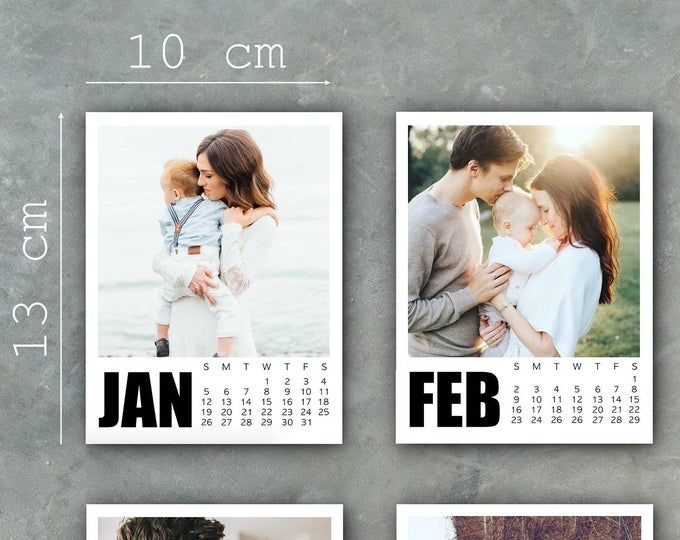 three calendars with pictures of people and their families on them, each showing the date