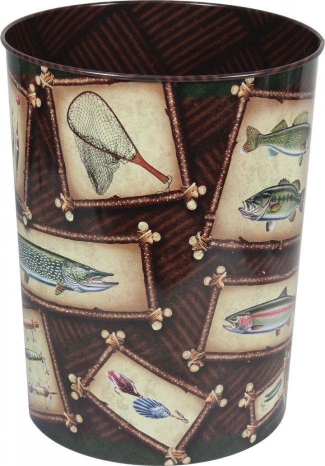 a cup with fish on it is shown in brown and green colors, including the fishing motif