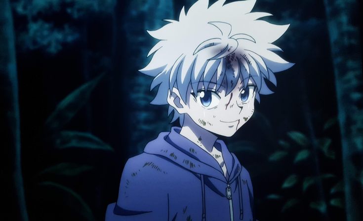 an anime character with white hair and blue eyes standing in front of some tall trees