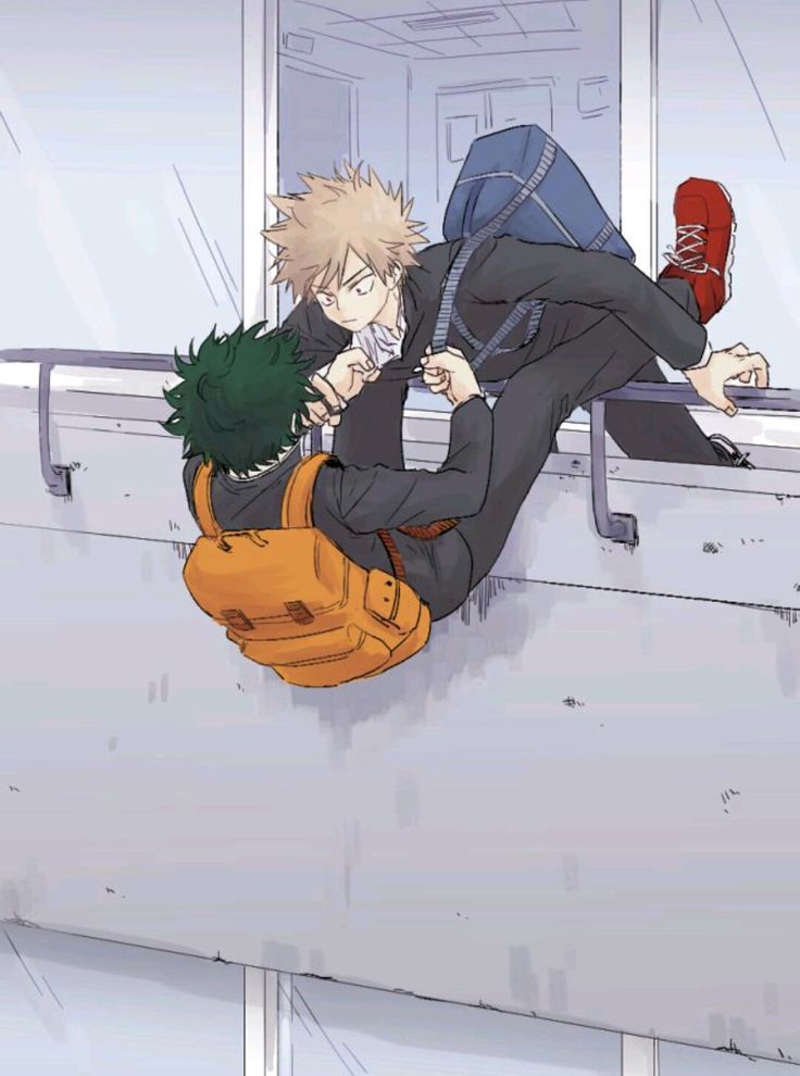 an anime character laying on the edge of a building while holding onto another person's back