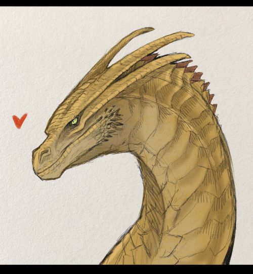 a drawing of a golden dragon with horns