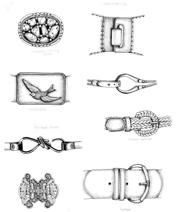 several different types of belts and buckles are shown in black and white, including one with