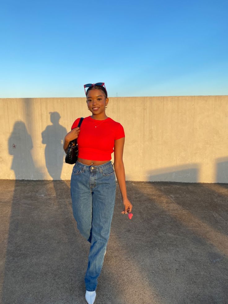 #valentines #red #croptopoutfit Valentine Jeans Outfit, Red Shirt And Jeans Outfit Casual, Red Crop Top Outfit Jeans, Red Shirt Blue Jeans Outfit, Red Top Jeans Outfit, Red Spring Outfit, Red Top Blue Jeans Outfit, Red Shirt And Jeans Outfit, Red Tshirt Outfit Women