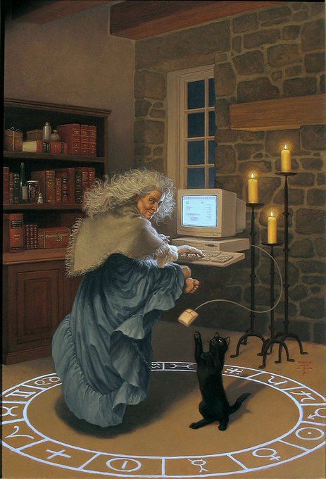 a painting of a woman sitting at a desk with a cat in front of her