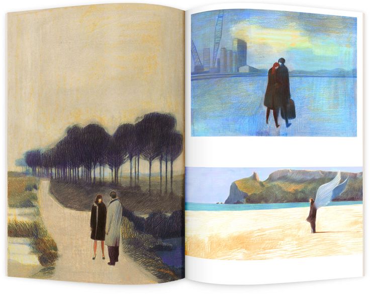 an open book with two pictures of people walking on the beach and trees in the background