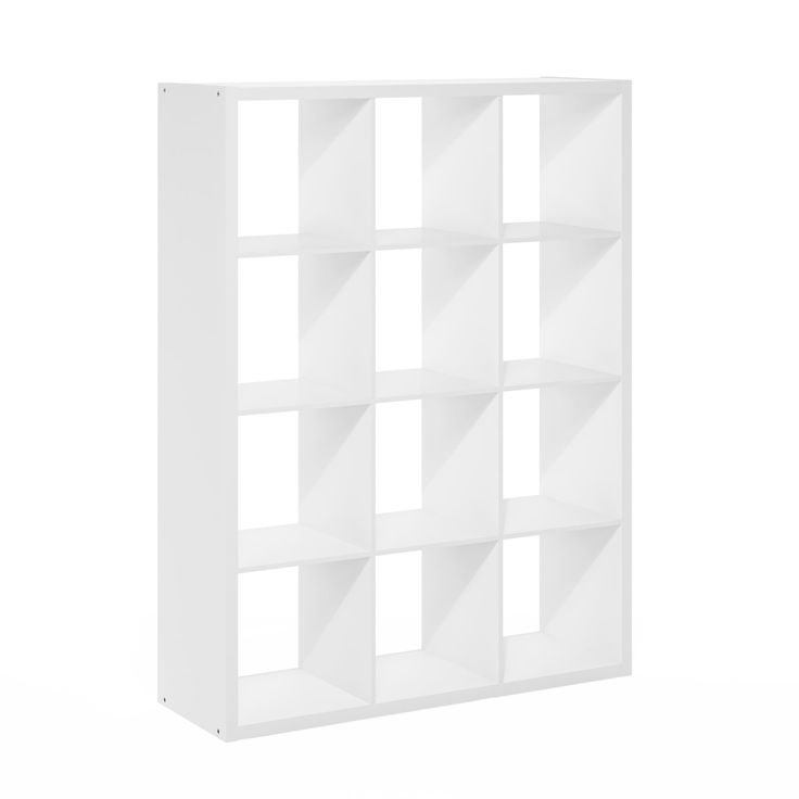 a white bookcase with six shelves on each side