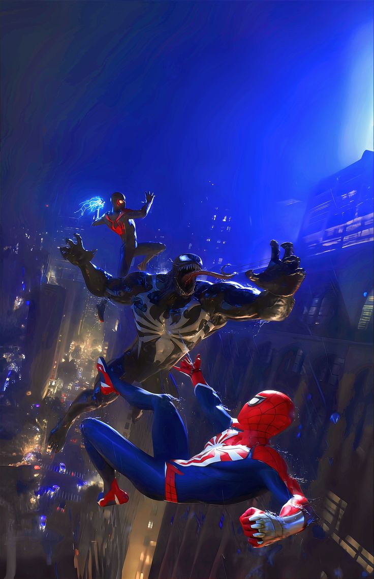 the amazing spider - man is flying through the air in front of another person with his arms outstretched