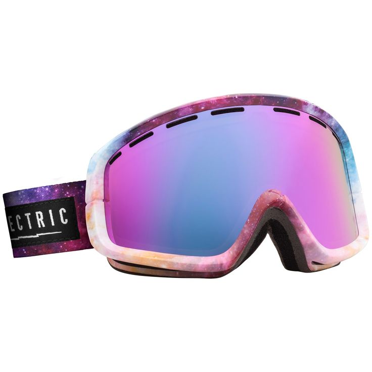 a pair of ski goggles sitting on top of a white surface with purple and blue lens