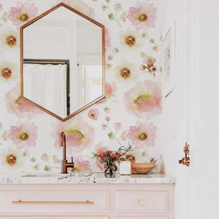 Watercolor Delicate Flowers Wallpaper - MAIA HOMES Soft Floral Wallpaper, Pink And Gold Bathroom, Gold Bad, Gold Bathroom Decor, Pink Floral Wallpaper, Pink Vanity, Copper Fixture, Wallpaper Soft, Bathroom Refresh