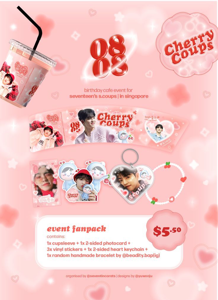 the advertisement for cherry cola is shown in red and pink colors, with hearts on it