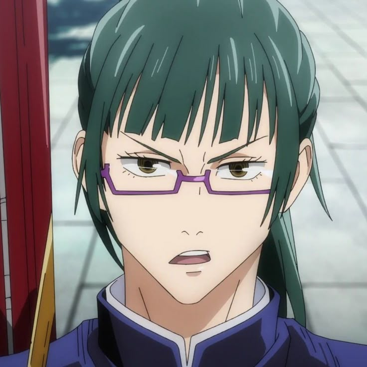 an anime character with green hair and glasses looking at the camera while standing in front of a building