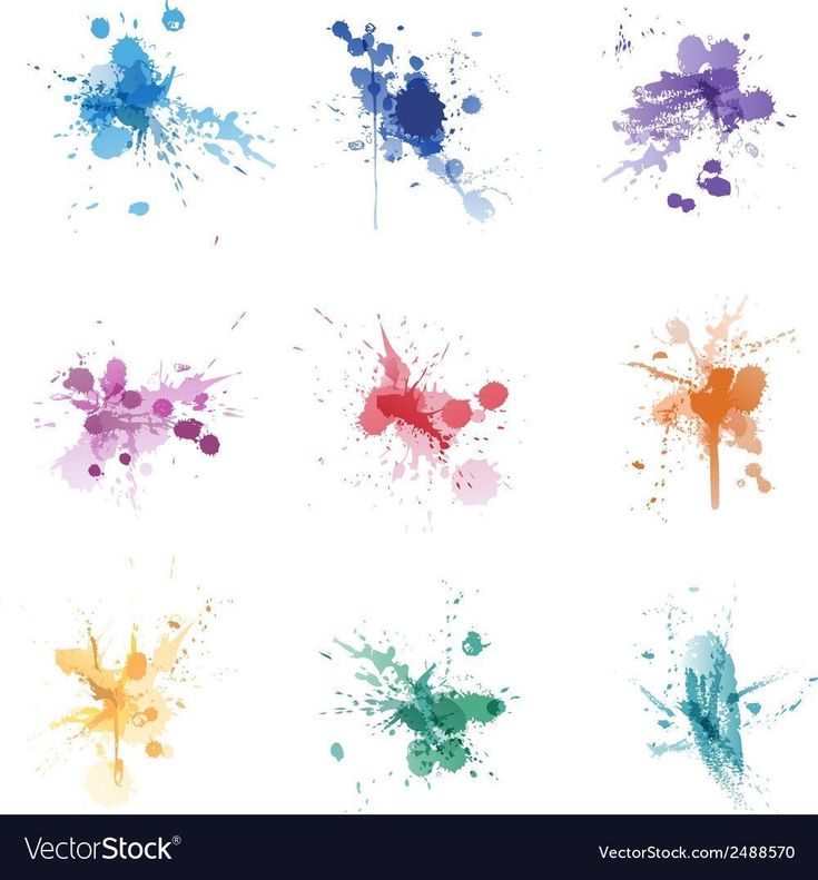 different colored paint splatters on white background