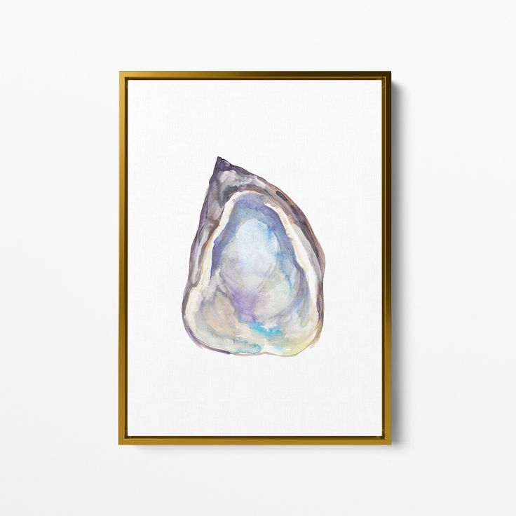 a watercolor painting of a rock in a gold frame on a white wall next to a plant